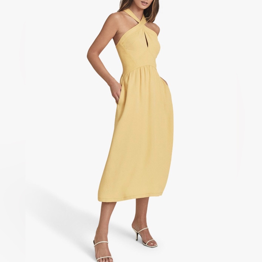 NWT $430 REISS Orla Halter Midi Pastel Yellow Crossover Neck Keyhole Dress 6